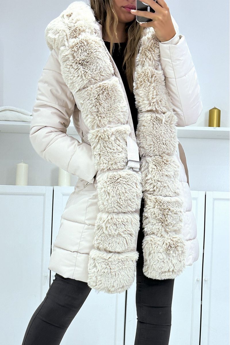 Plus size: Beige parka with big hood and fur belt, Russian style - 2