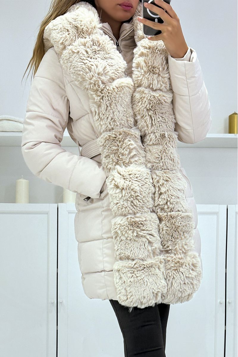 Plus size: Beige parka with big hood and fur belt, Russian style - 6