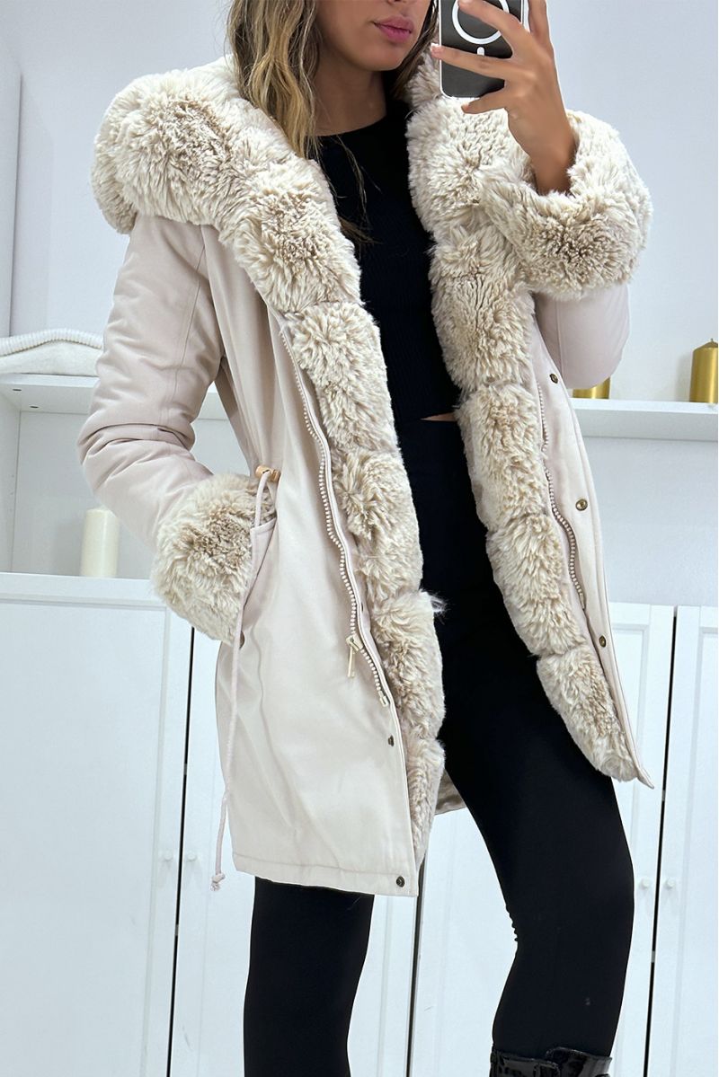 Beige parka with adjustable cord with big hood and fur, Russian style - 3