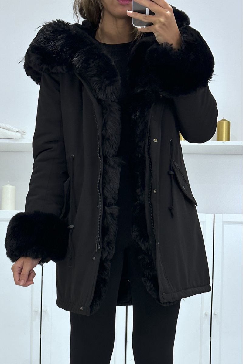 Parka noir à cordon réglable avec grosse capuche et fourrure, style russe - 2
