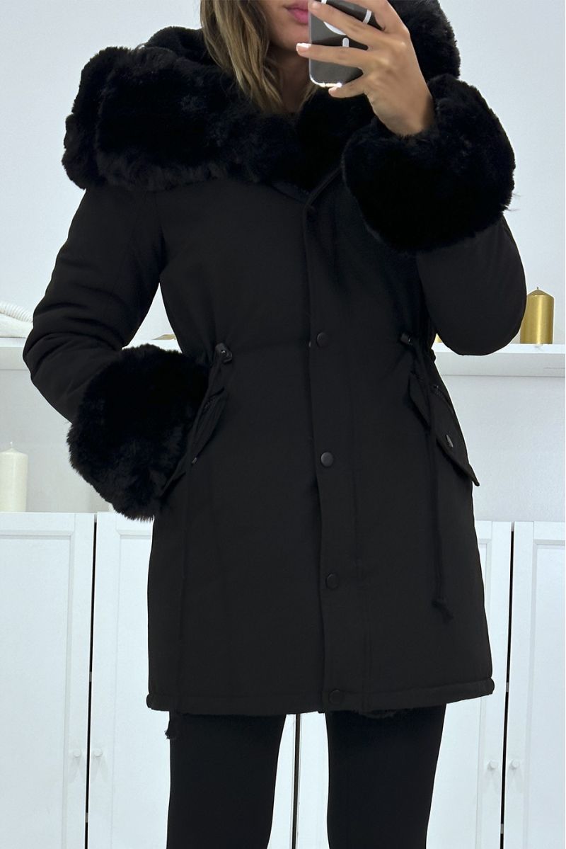 Black parka with adjustable cord with big hood and fur, Russian style - 3