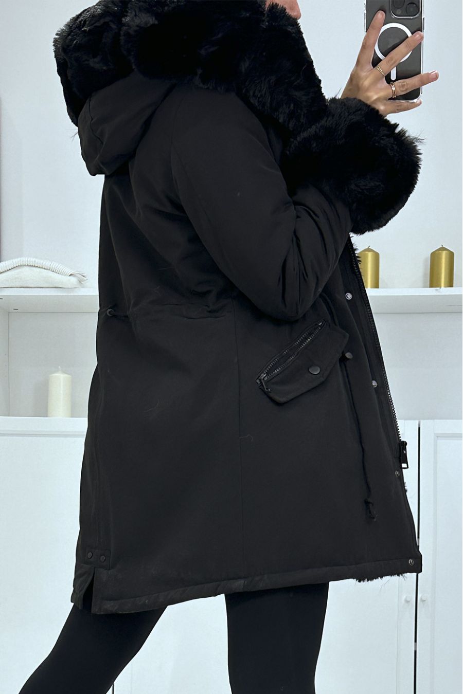 Black parka with adjustable cord with big hood and fur, Russian style - 4