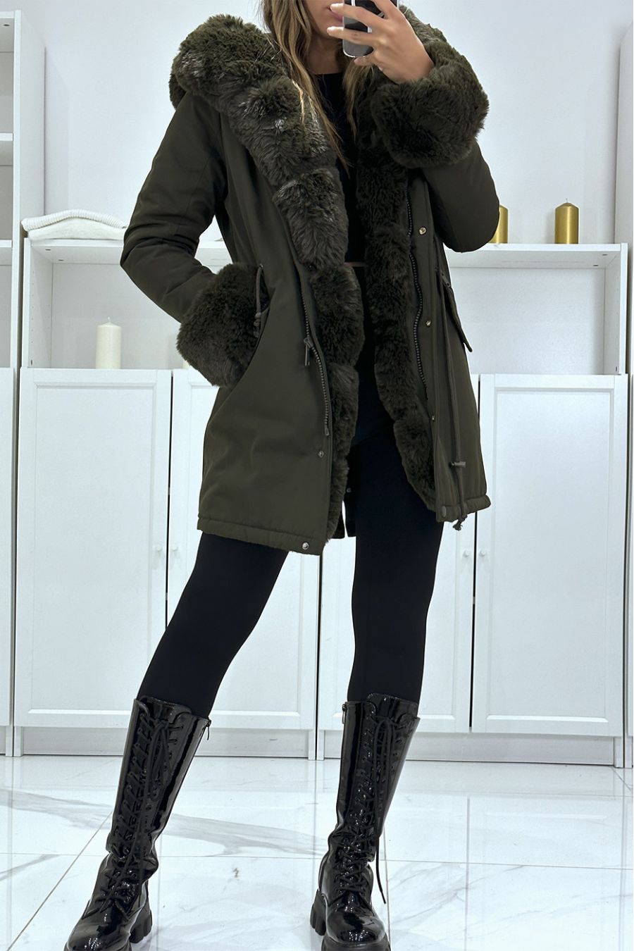 Kaki parka met verstelbaar koord met grote capuchon en bont, Russische stijl - 1