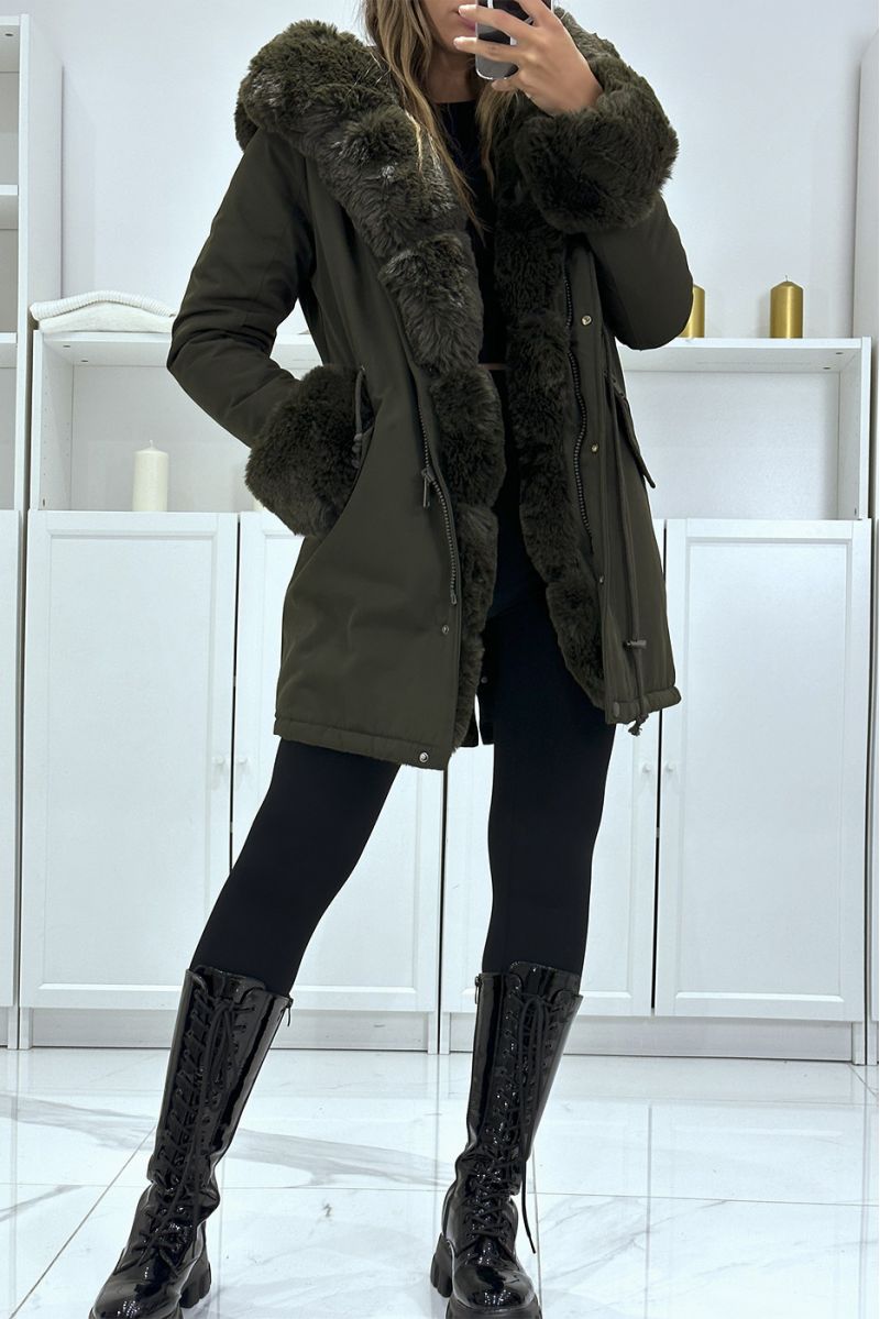 Khaki parka with adjustable cord with large hood and fur, Russian style - 1