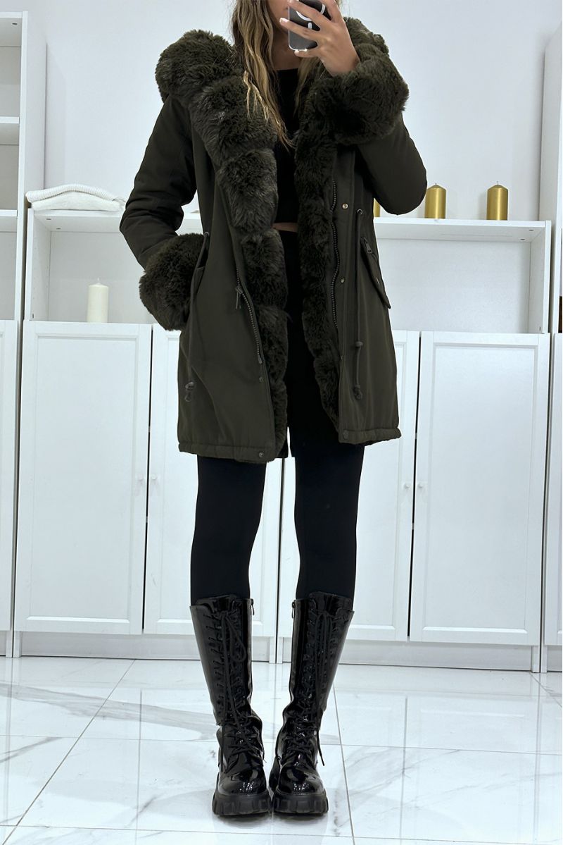 Khaki parka with adjustable cord with large hood and fur, Russian style - 2