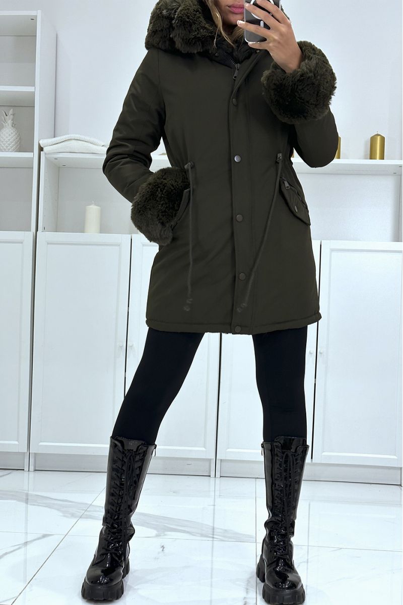 Khaki parka with adjustable cord with large hood and fur, Russian style - 5
