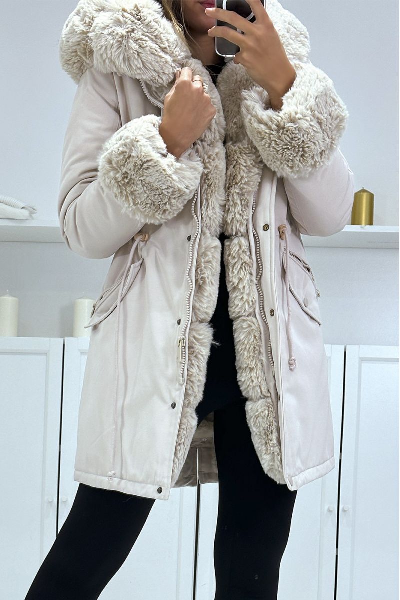 Large size: Beige parka with adjustable cord with large hood and fur, Russian style - 3