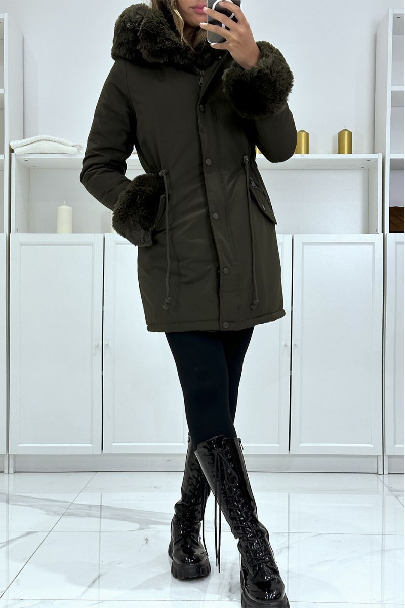 Large size: Khaki parka with adjustable cord with big hood and fur, Russian style - 4