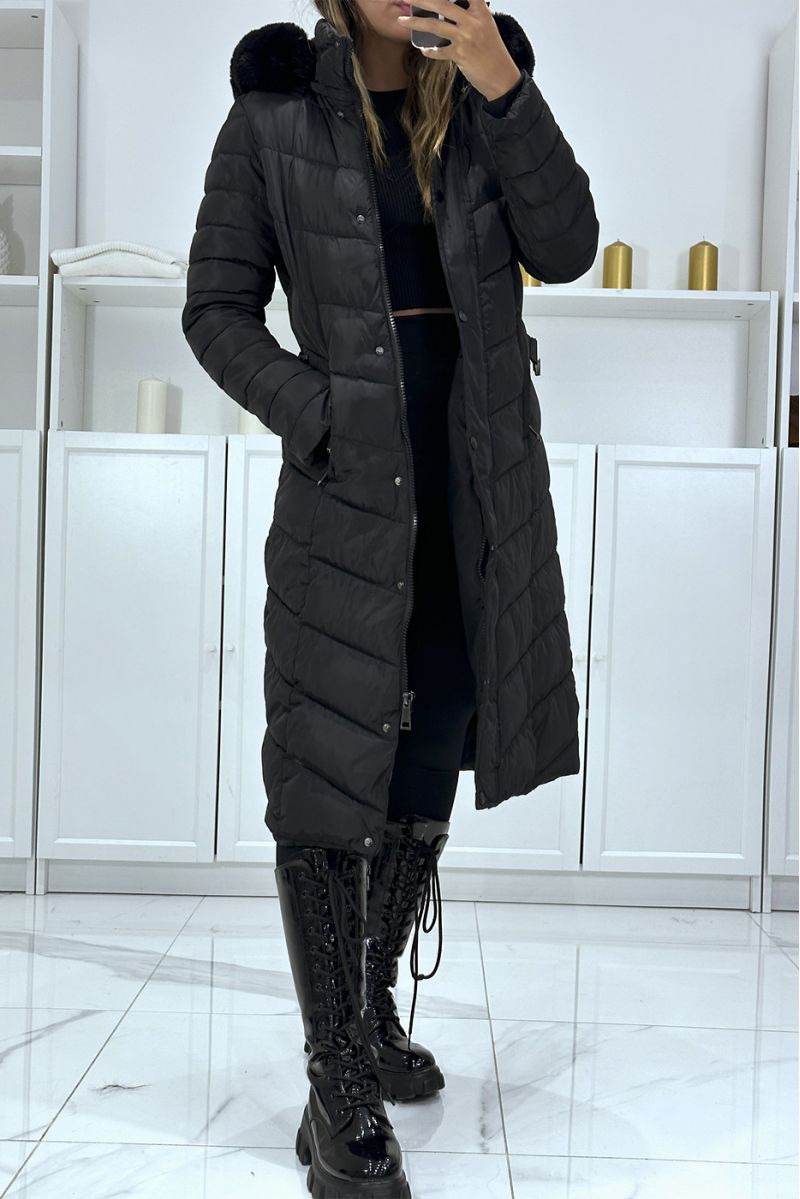 Lang zwart gewatteerd donsjack met grote bontcapuchon en elastische tailleband - 3