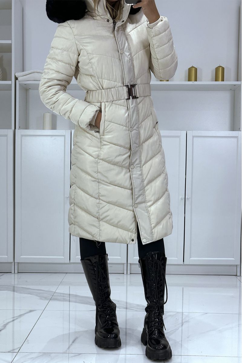 Long quilted beige down jacket with big fur hood and elastic waistband - 3