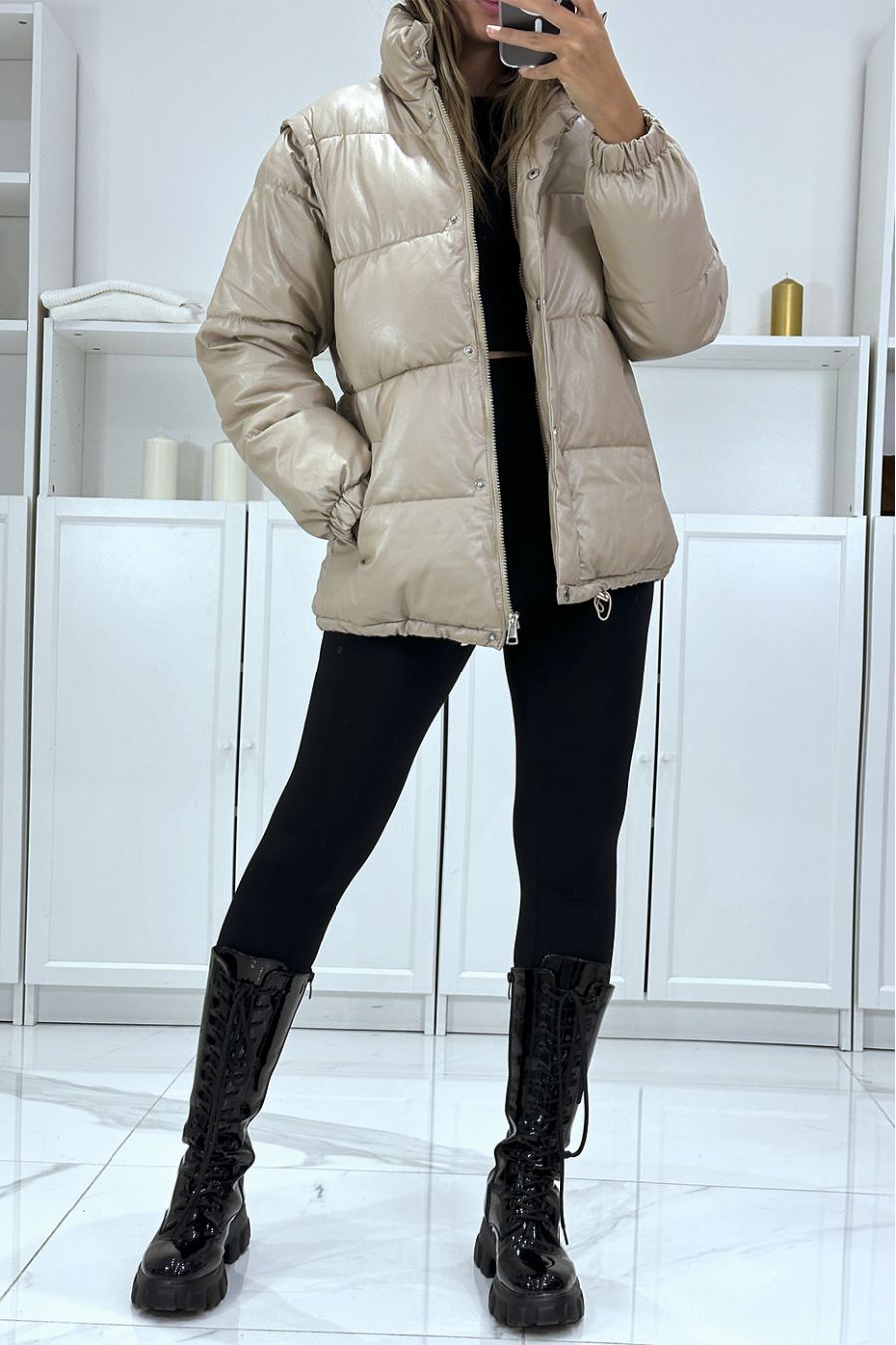 Schitterend 4-in-1 gewatteerd taupe donsjack - 3