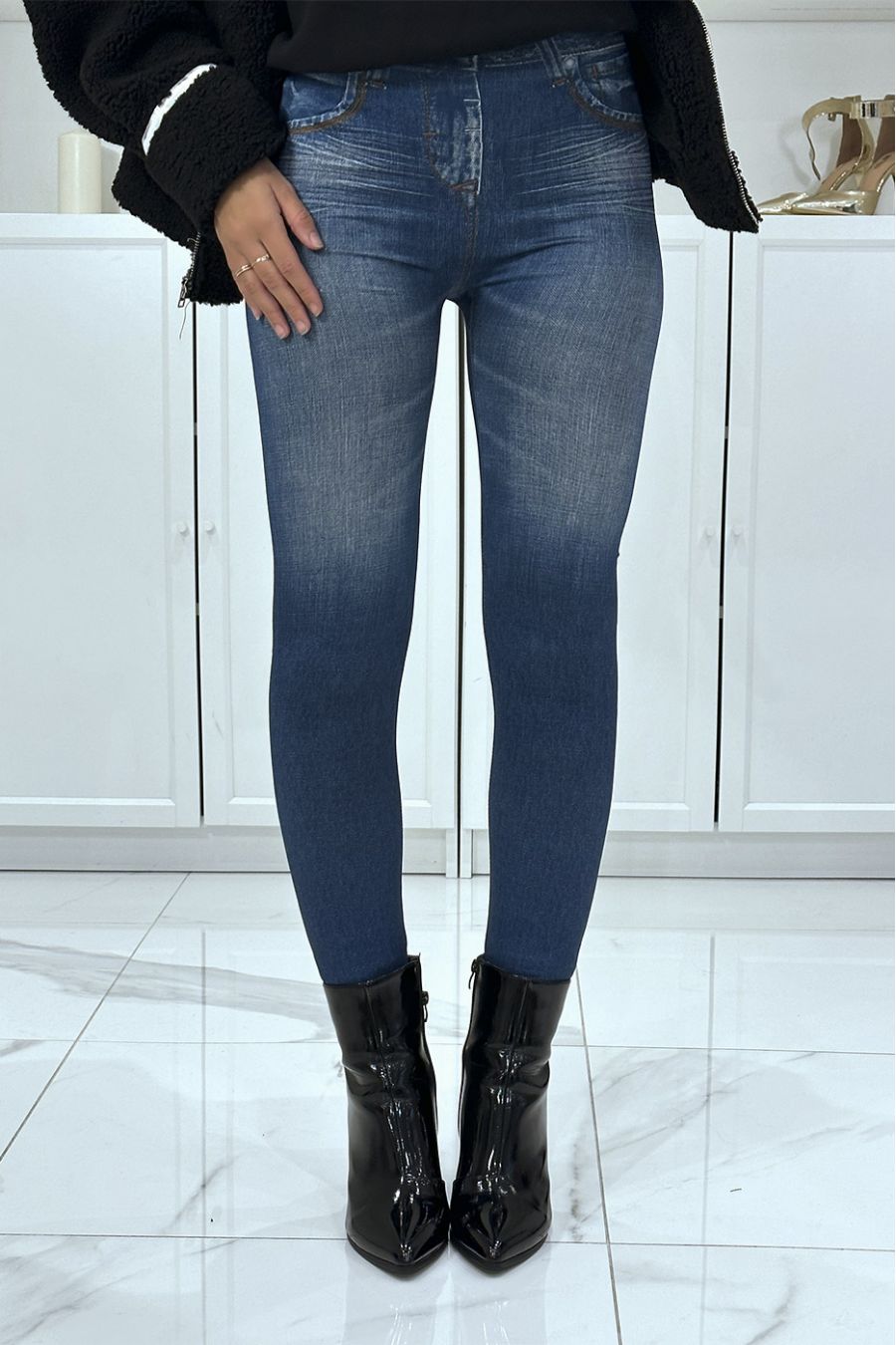 LeLLing blauwe hoge taille en fleece vervaagd jeanspatroon - 3