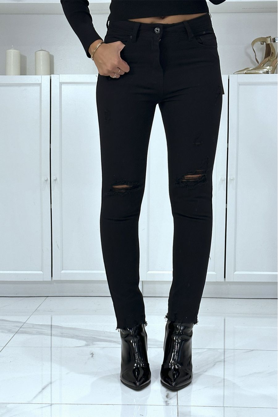 Zwarte gescheurde slim jeans met vernietigend effect - 1