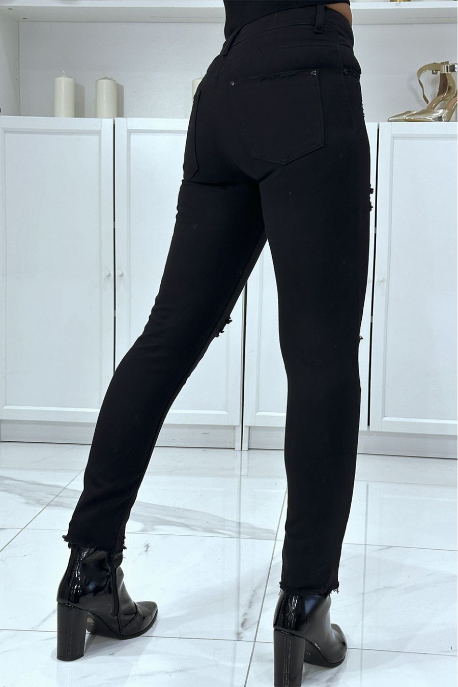 Zwarte gescheurde slim jeans met vernietigend effect - 2