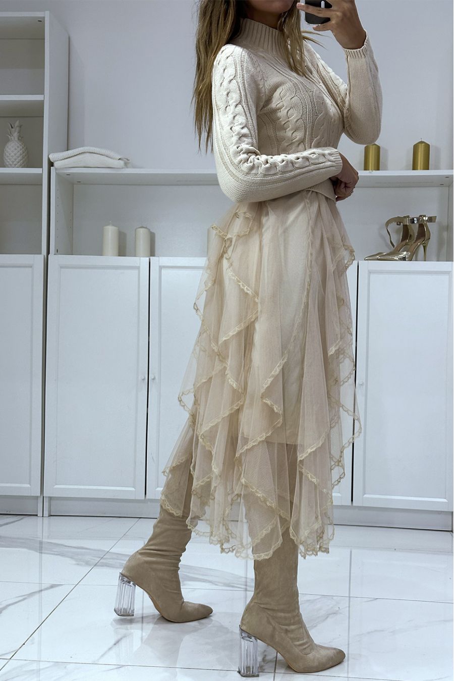 High neck beige sweater dress with fine knit, ruffle and lace, party dress - 3