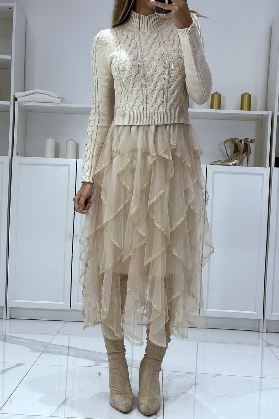 High neck beige sweater dress with fine knit, ruffle and lace, party dress - 4