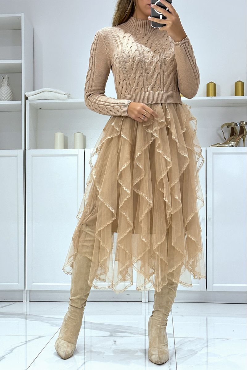 High neck taupe sweater dress with fine knit, ruffle and lace, party dress - 2