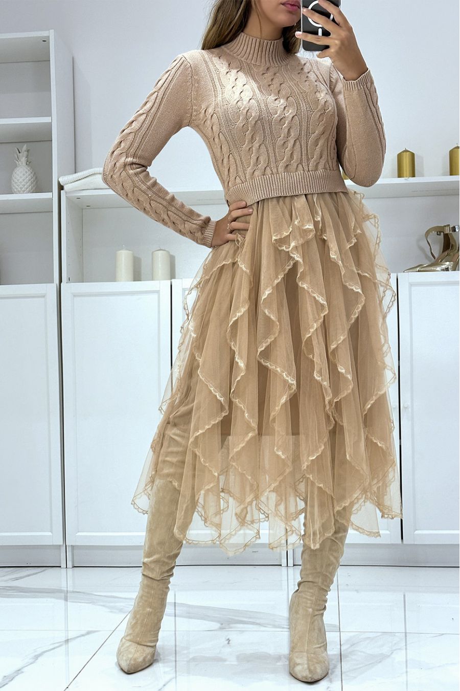 High neck taupe sweater dress with fine knit, ruffle and lace, party dress - 3