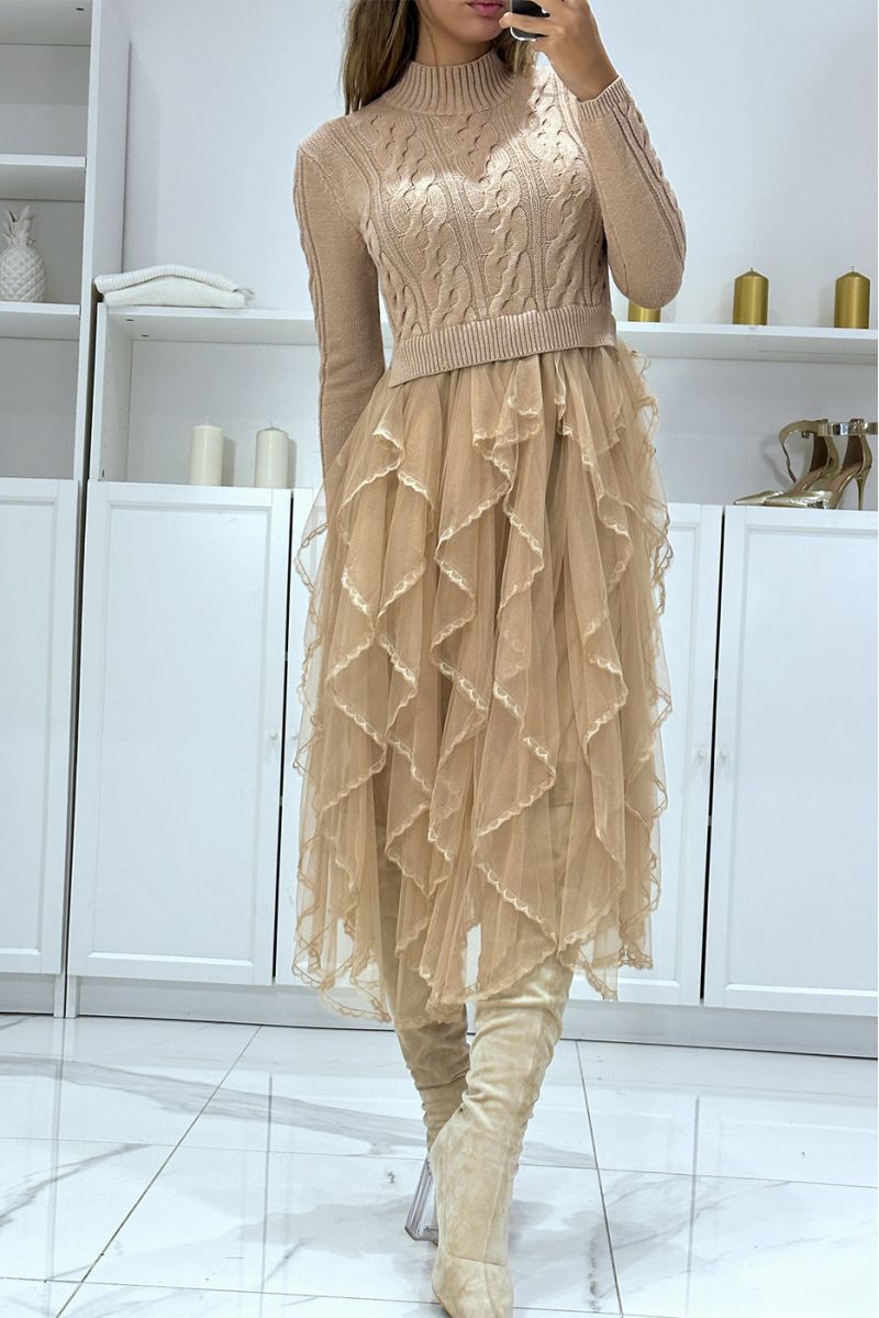 High neck taupe sweater dress with fine knit, ruffle and lace, party dress - 4