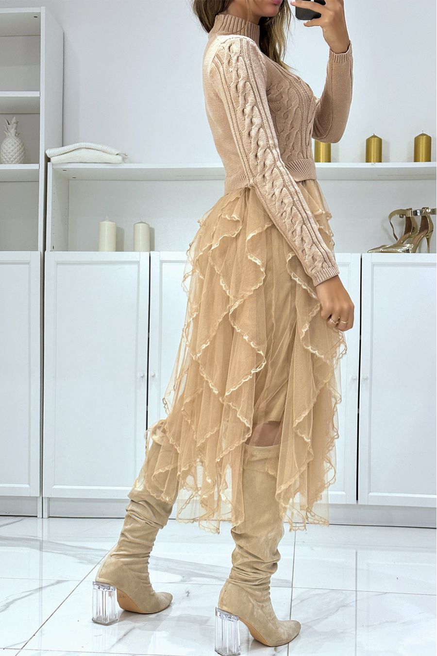 High neck taupe sweater dress with fine knit, ruffle and lace, party dress - 5
