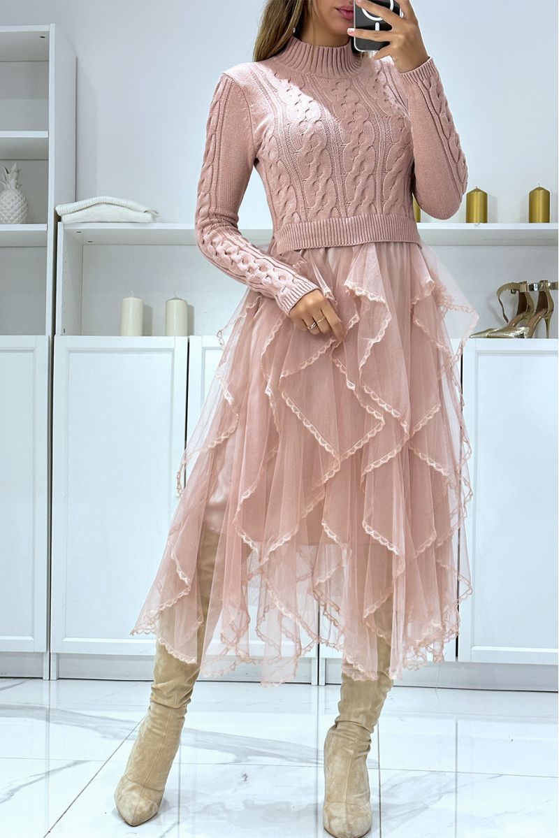 High neck pink sweater dress with fine knit, ruffle and lace, party dress - 1