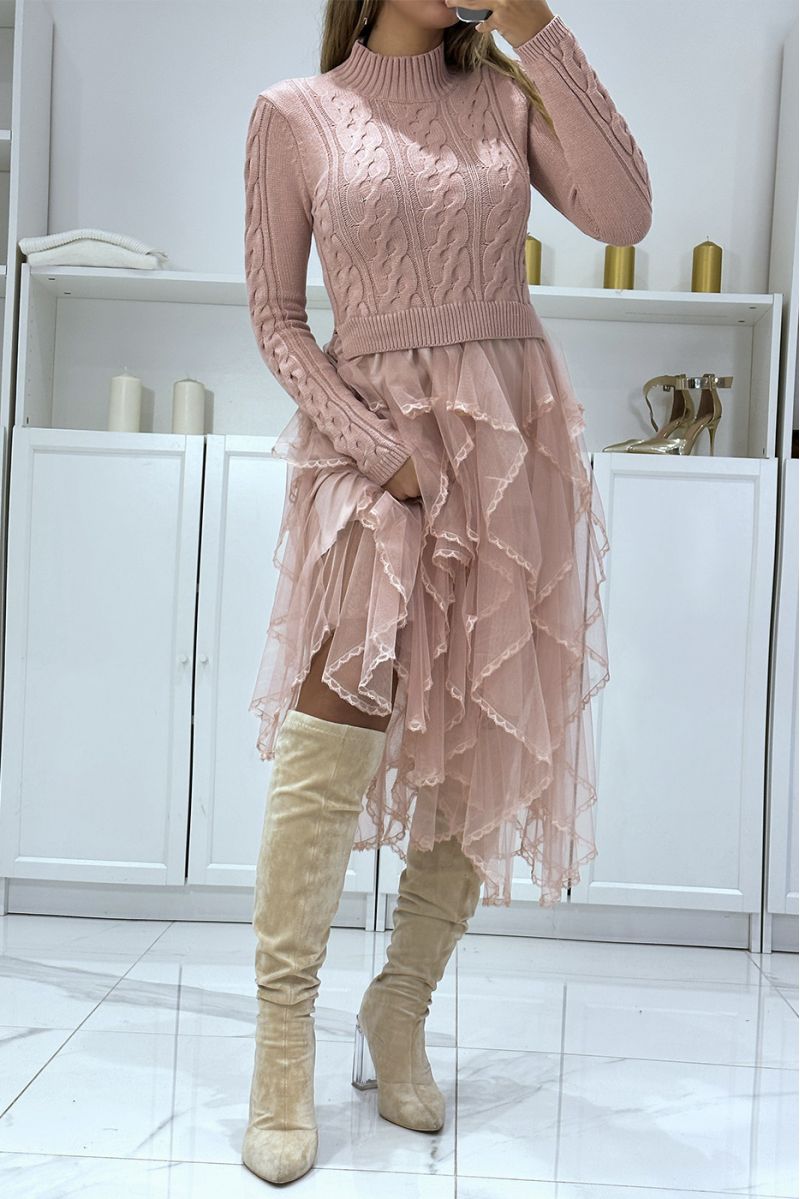 High neck pink sweater dress with fine knit, ruffle and lace, party dress - 2