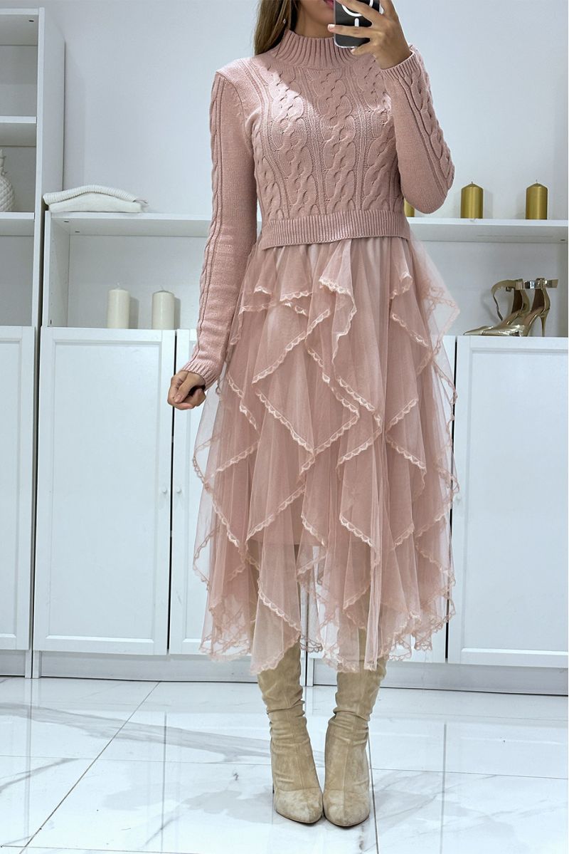 High neck pink sweater dress with fine knit, ruffle and lace, party dress - 4