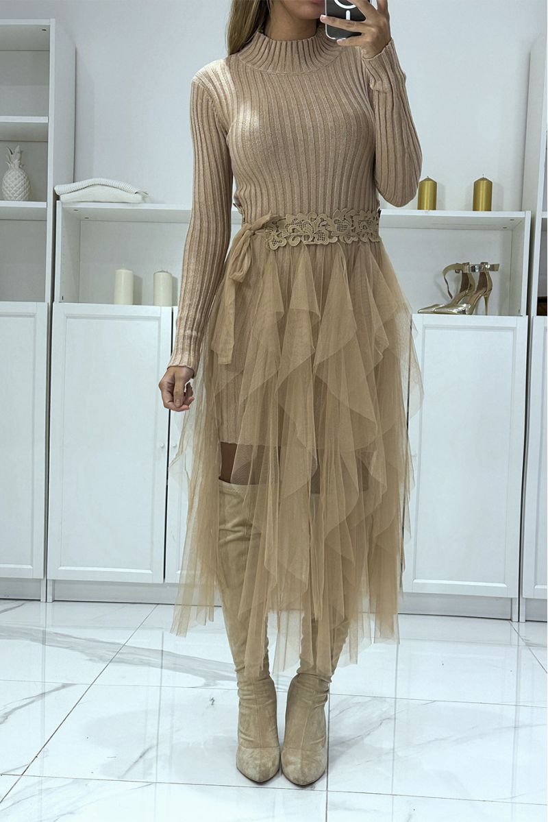 Fine knit high neck taupe sweater dress, with ruffled belt and lace, party dress - 2