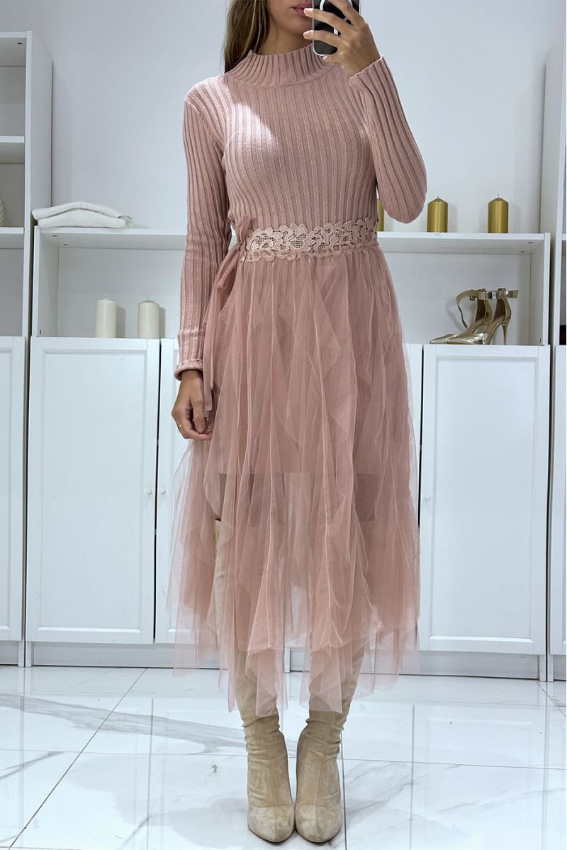 Fine knit high neck pink sweater dress, with ruffled belt and lace, party dress - 1