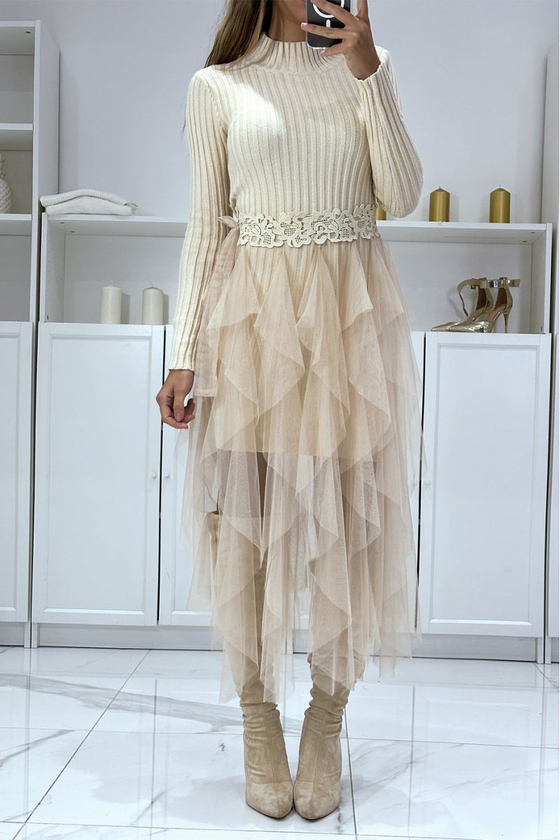 High neck beige sweater dress with fine knit, with ruffled belt and lace, party dress - 3
