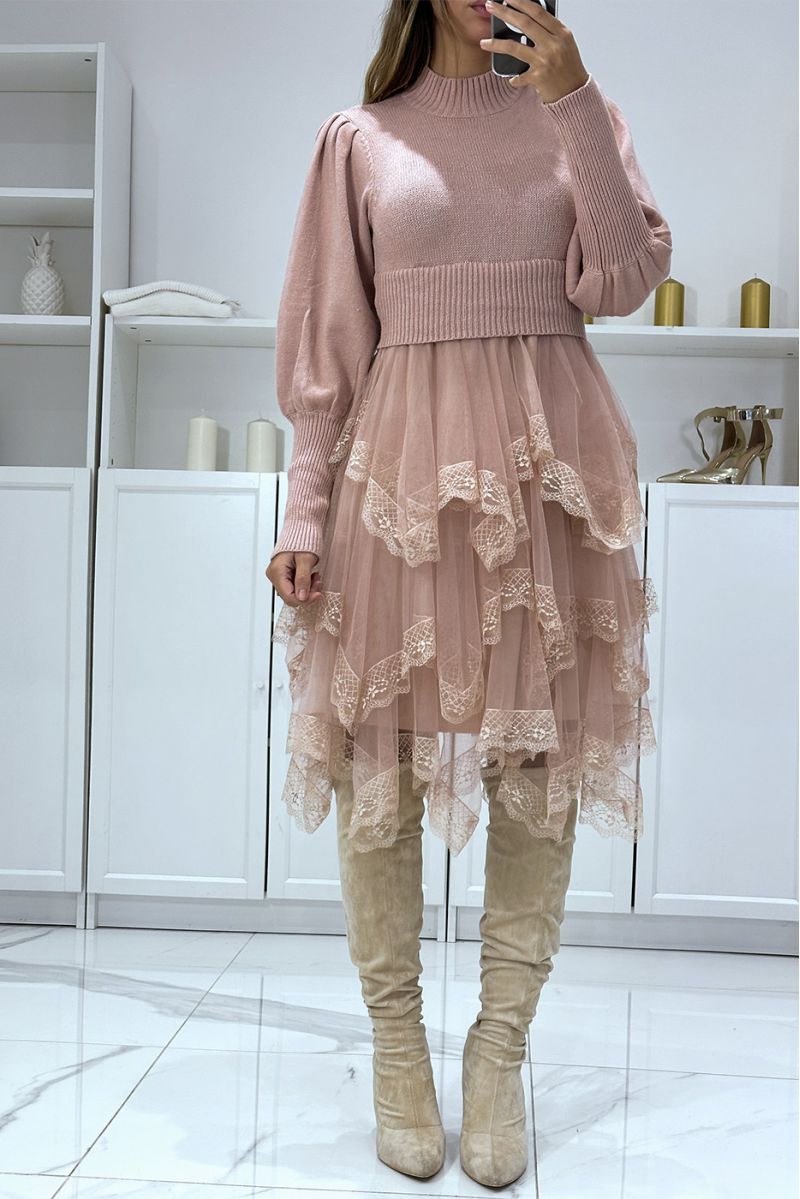 High neck pink sweater dress with fine knit, ruffle and lace, party dress - 2