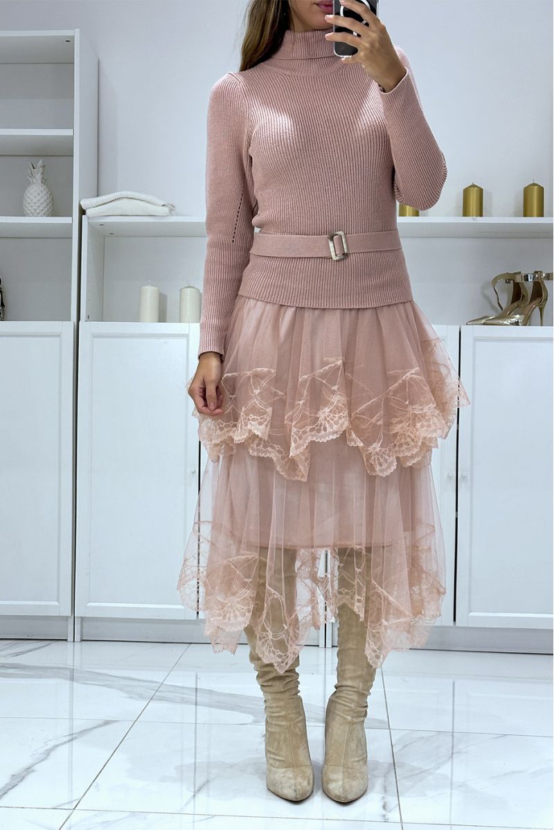 Pink turtleneck sweater dress with fine knit, ruffle and lace, party dress - 2