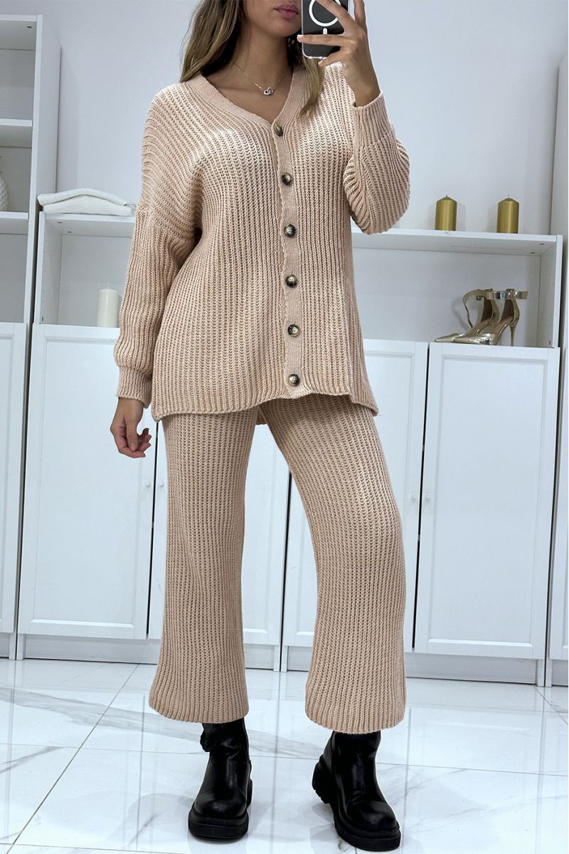 Long vest and pink knit pants set, very warm for winter - 1