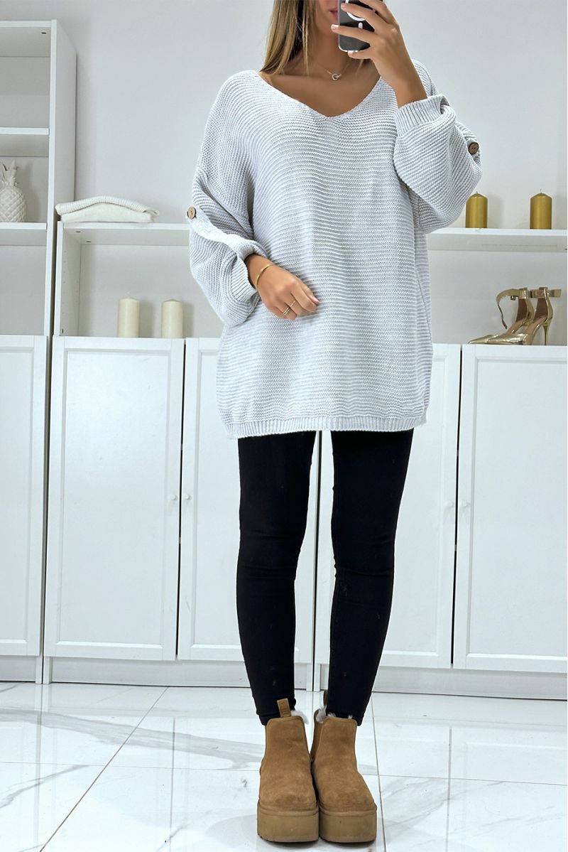 Oversized grijze trui met pofmouwen en V-hals - 1