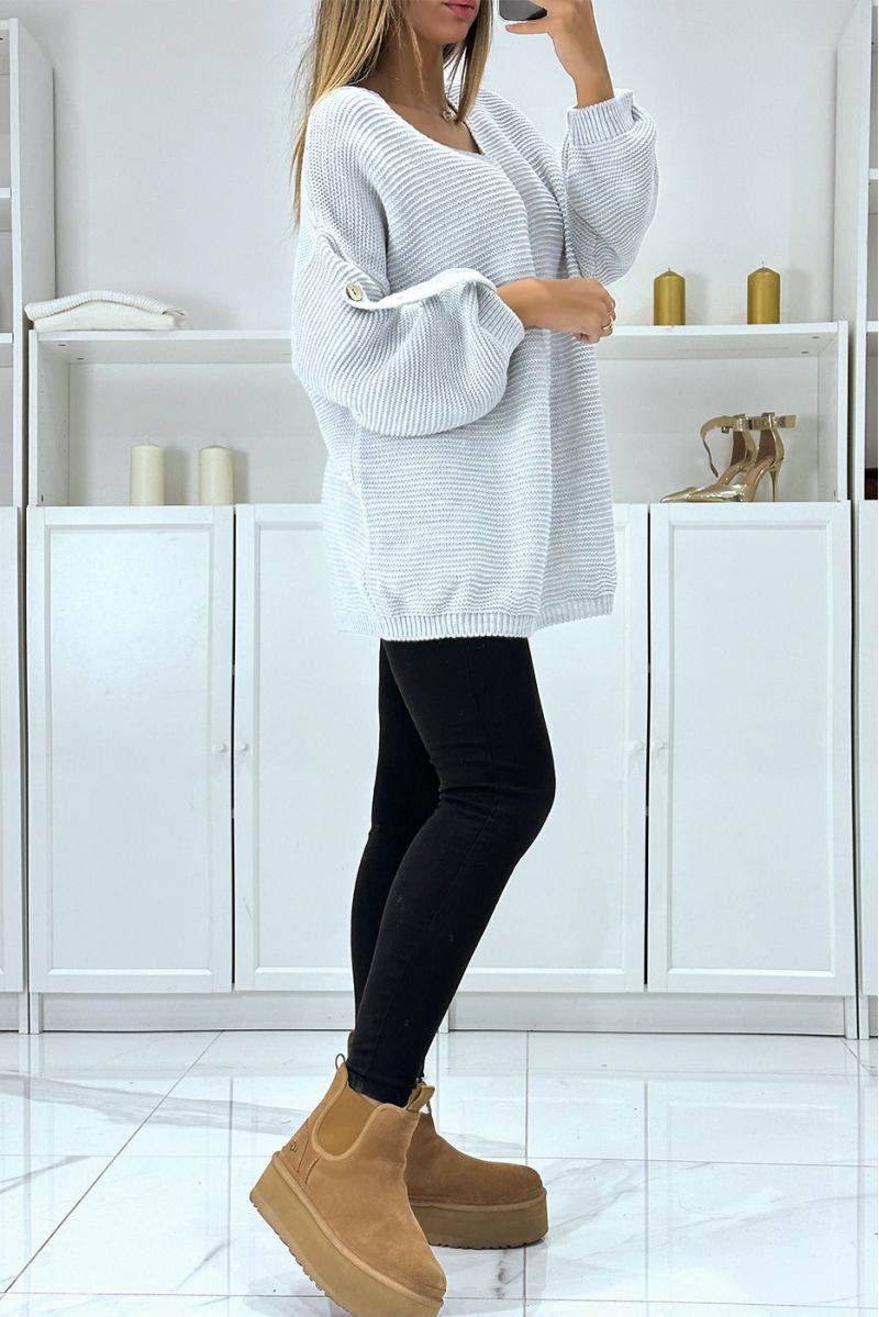 Pull gris over-size à manches bouffantes et col V - 4