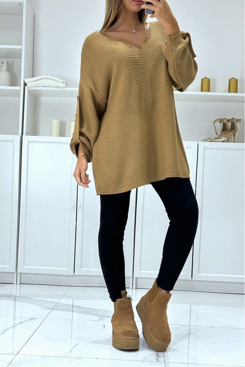 Pull camel over-size à manches bouffantes et col V - 1