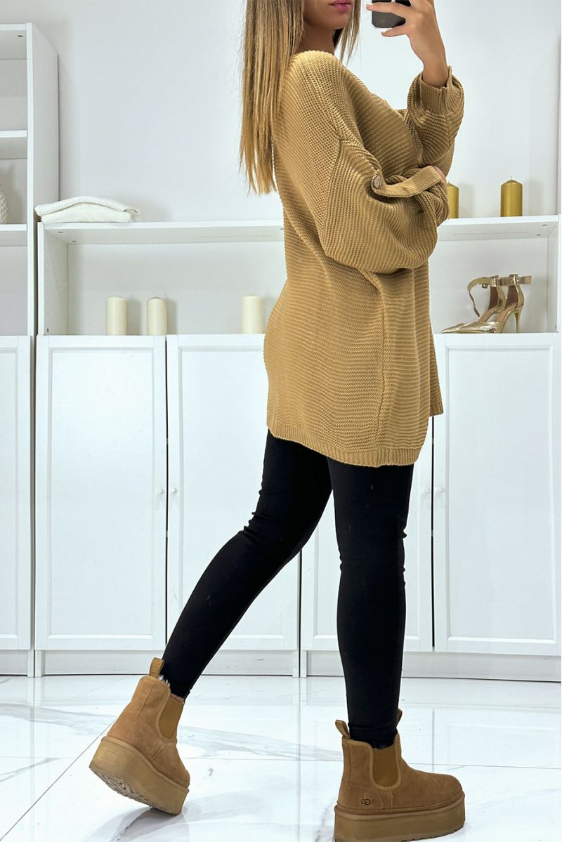 Pull camel over-size à manches bouffantes et col V - 3
