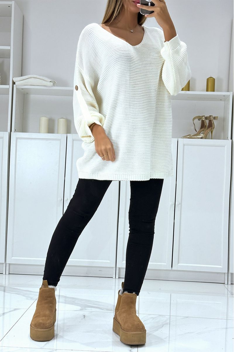 Pull blanc over-size à manches bouffantes et col V - 1