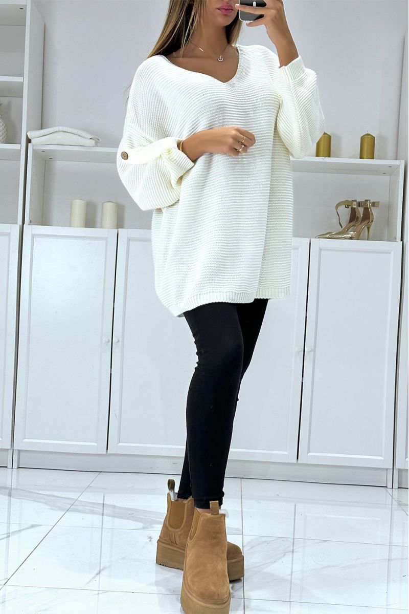 Oversized witte trui met pofmouwen en V-hals - 2 Oversized witte trui met pofmouwen en V-hals - 2