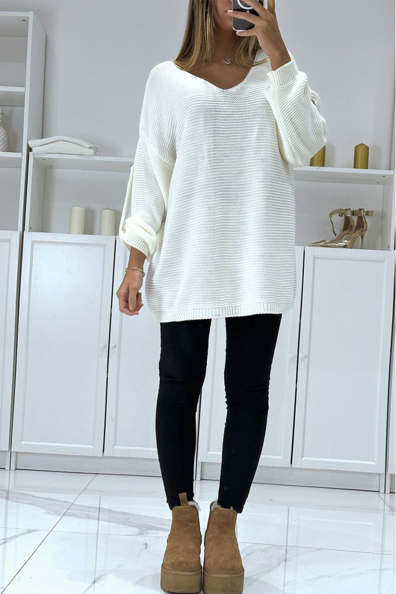 Oversized witte trui met pofmouwen en V-hals - 3 Oversized witte trui met pofmouwen en V-hals - 3