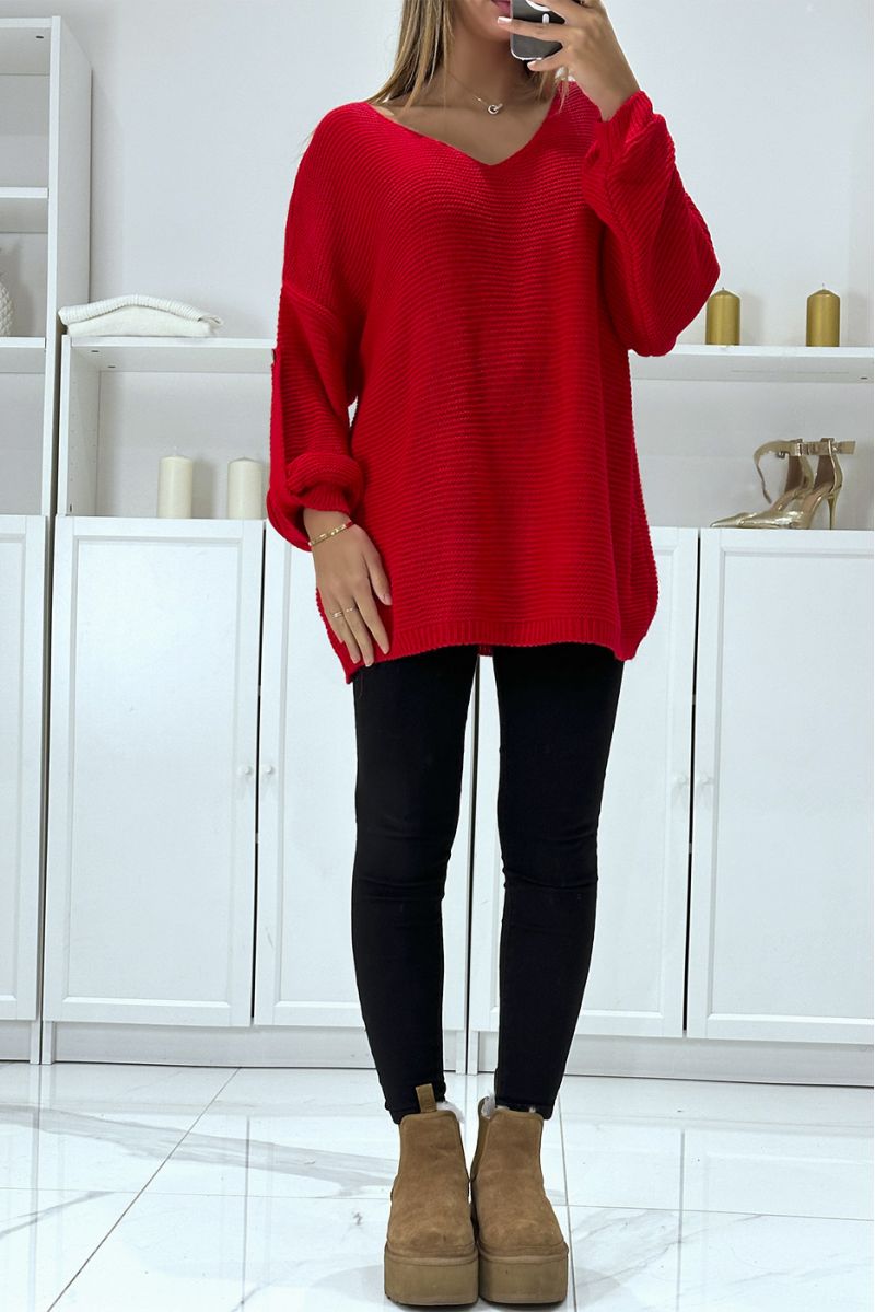 Pull rouge over-size à manches bouffantes et col V - 1