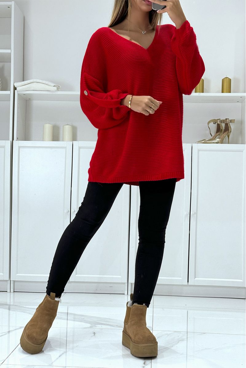Oversized red sweater with puff sleeves and V-neck - 2 Oversized red sweater with puff sleeves and V-neck - 2