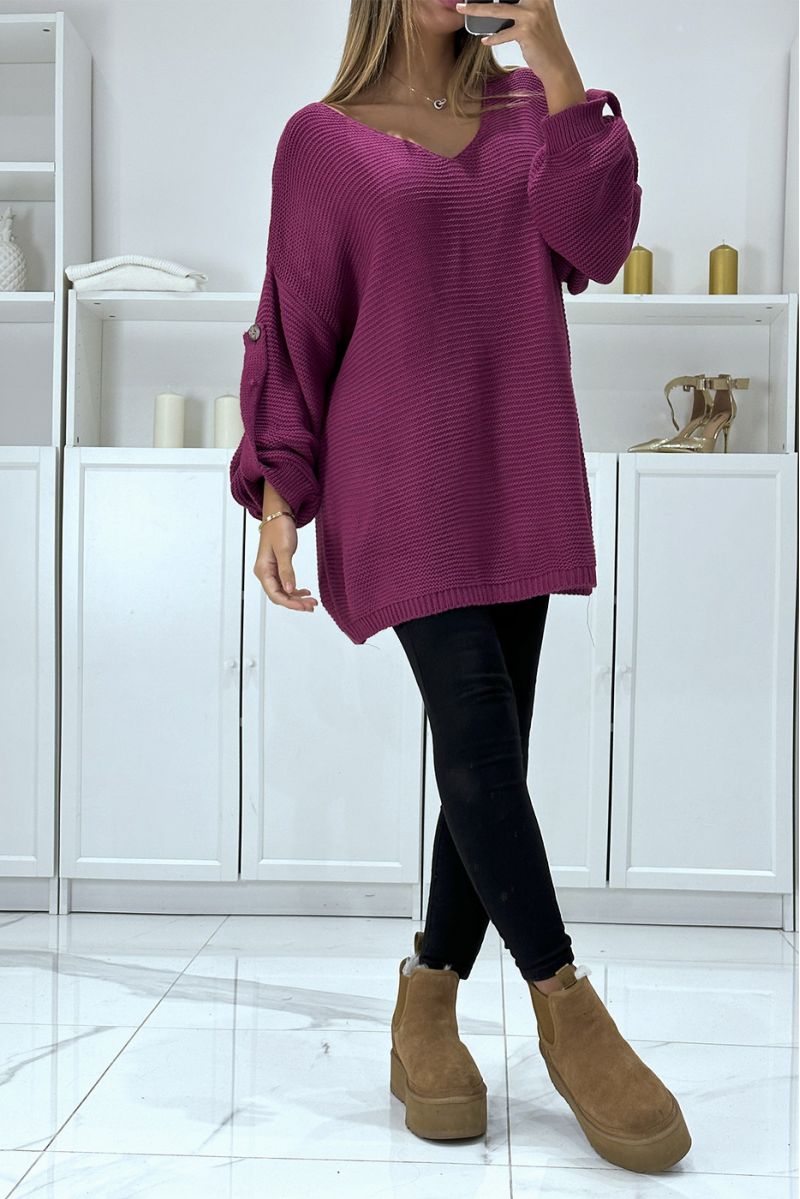 Oversized lilac sweater with puff sleeves and V-neck - 1