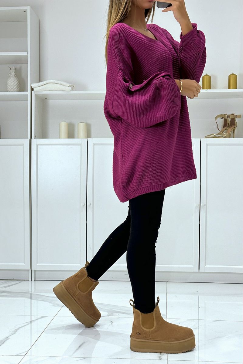 Oversized lilac sweater with puff sleeves and V-neck - 2