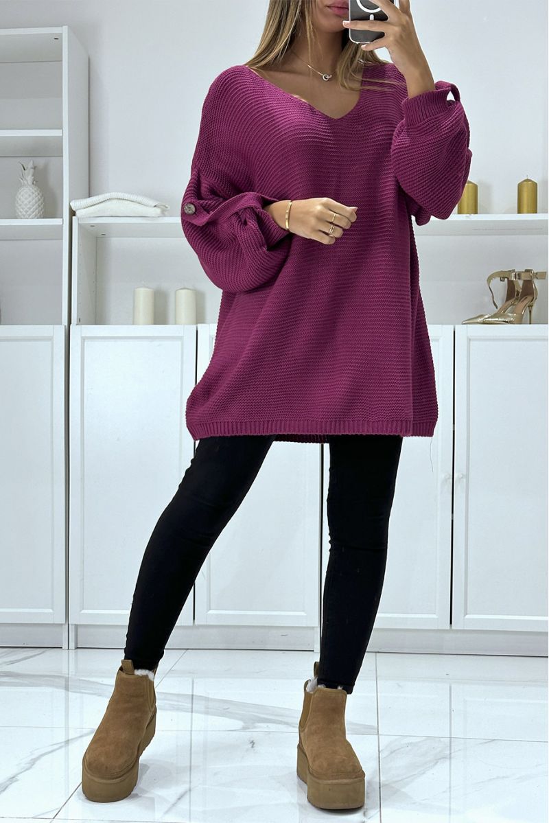 Oversized lilac sweater with puff sleeves and V-neck - 4