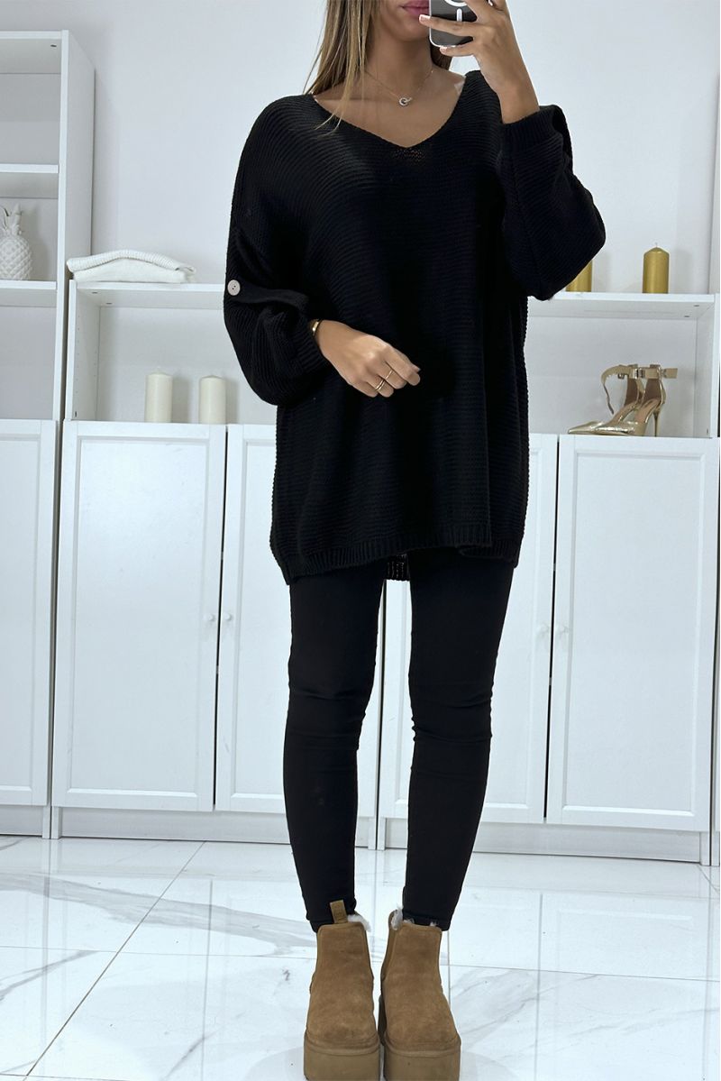 Oversized zwarte trui met pofmouwen en V-hals - 1