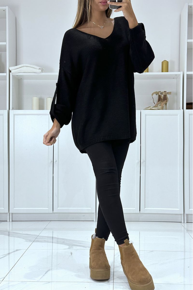 Oversized black jumper with puff sleeves and V-neck - 2