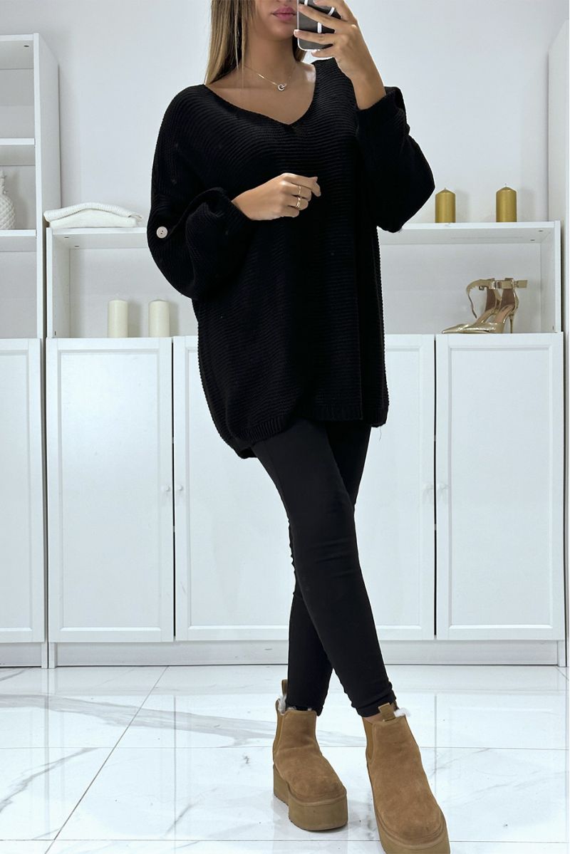 Oversized zwarte trui met pofmouwen en V-hals - 4