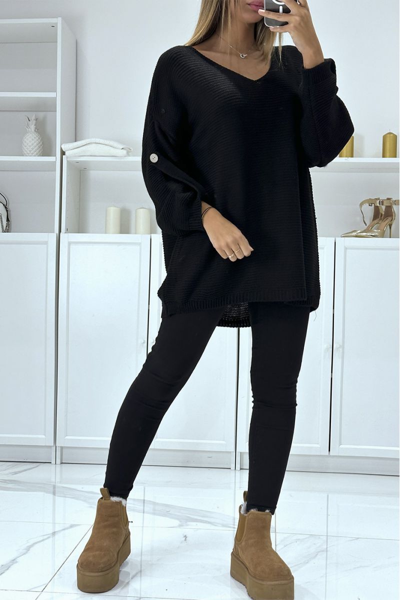 Oversized zwarte trui met pofmouwen en V-hals - 5