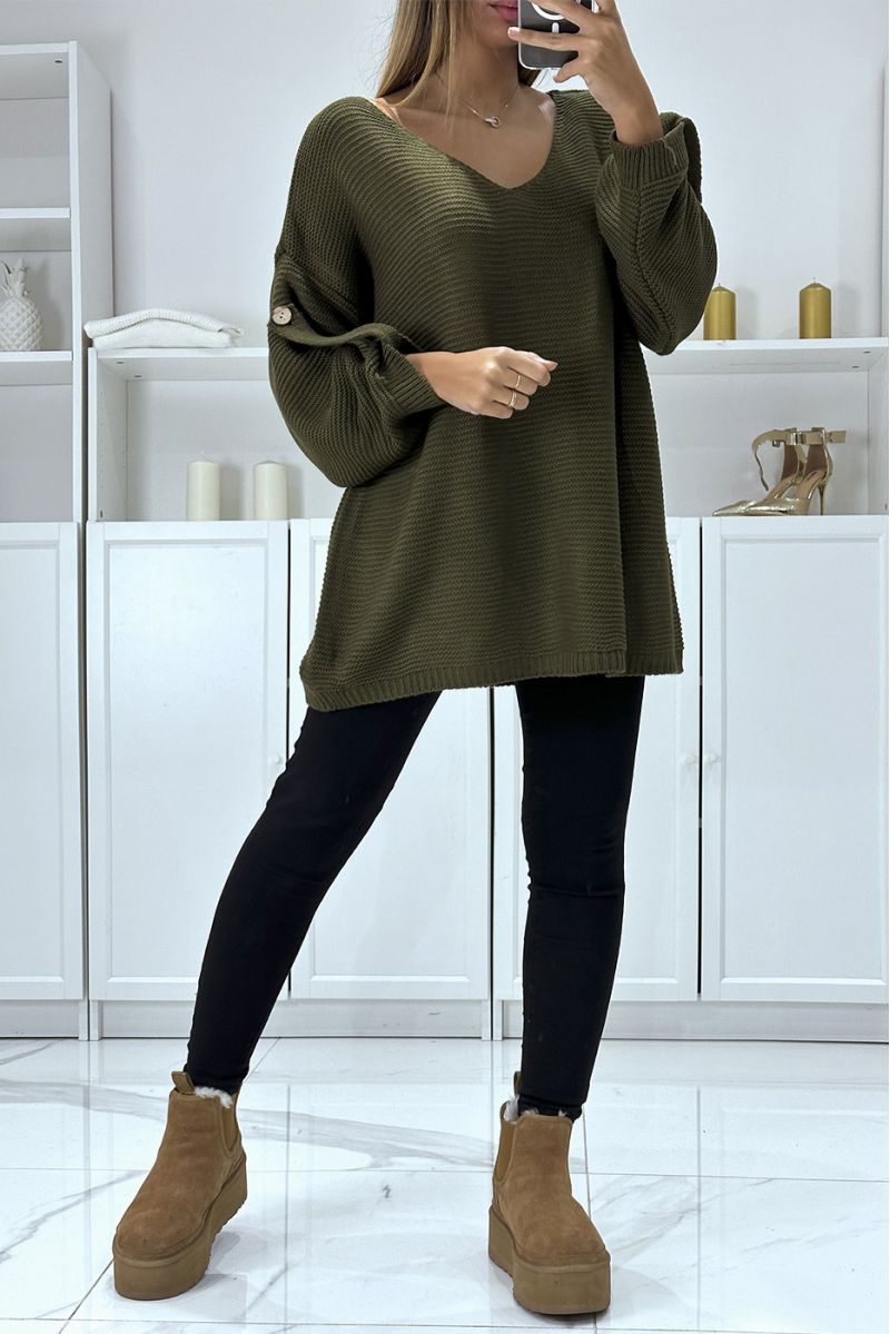 Oversized khaki sweater with puff sleeves and V-neck - 1